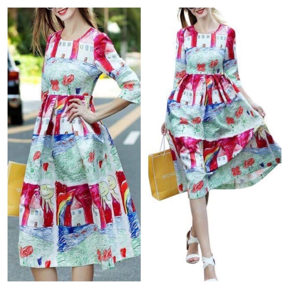 Multicolor Red Round Neck Length Sleeve Cartoon